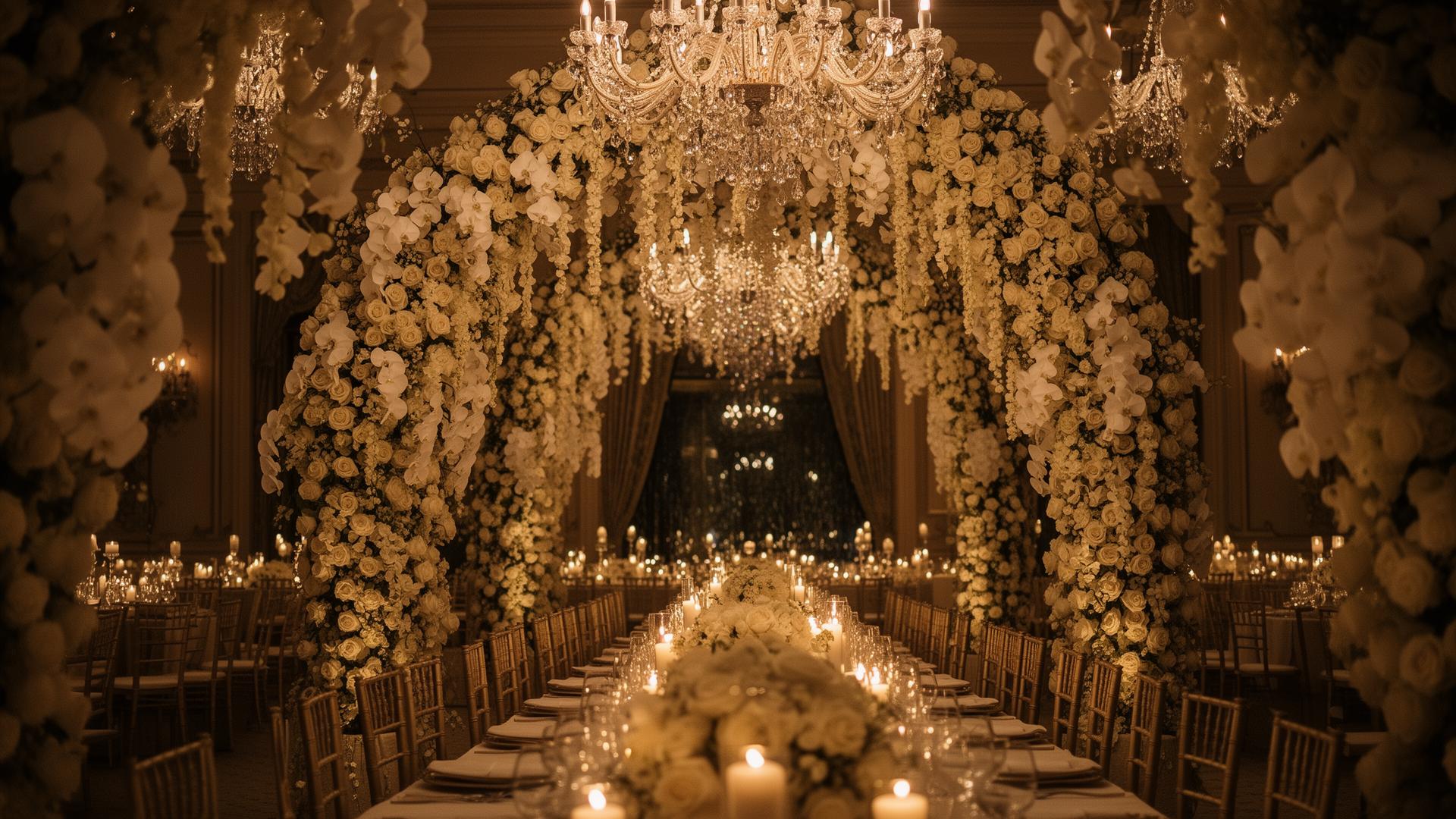 Luxury wedding reception with floral arches and chandeliers
